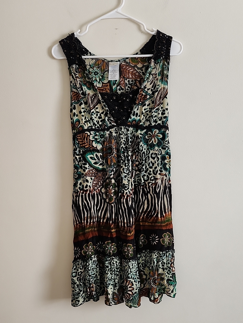 Forbidden Y2K Sleeveless Floral & Animal Print Midi Dress in Teal and Brown